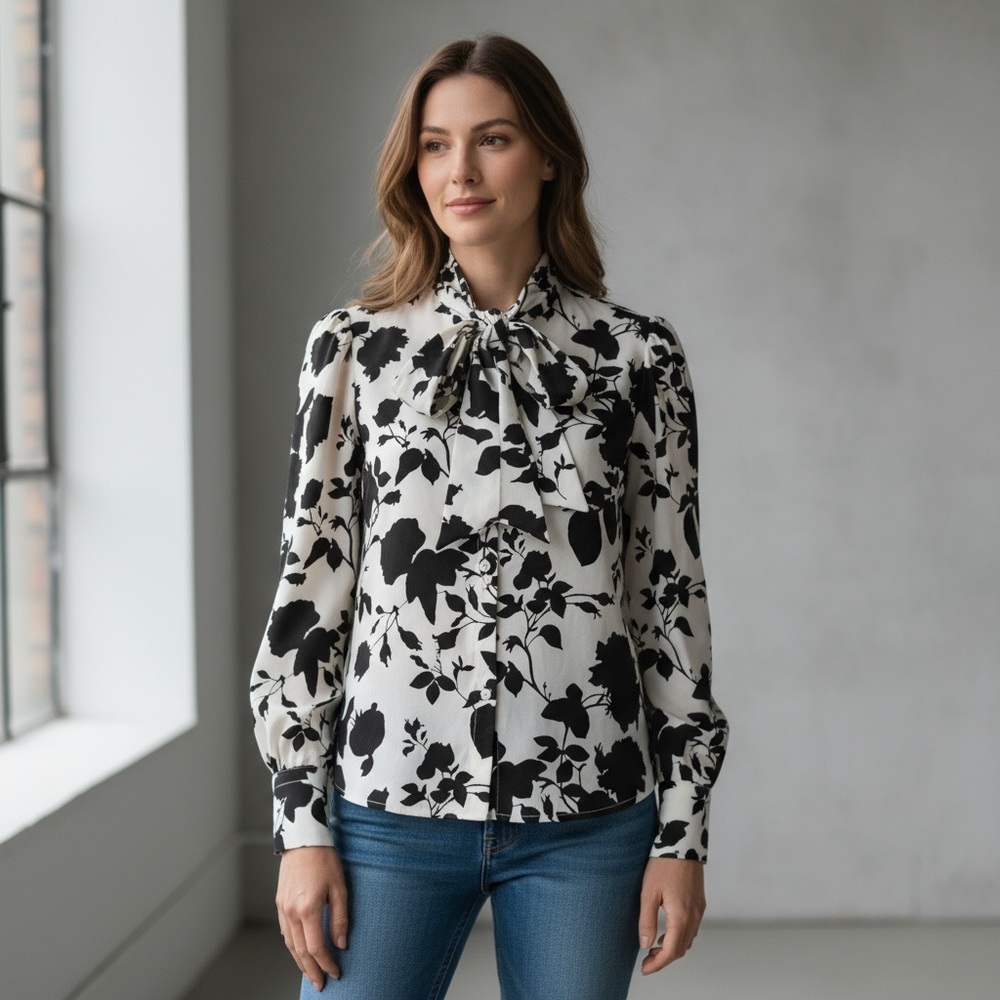 Who What Wear Tie Neck Long Sleeve Black & Ivory Floral Button Front Blouse
